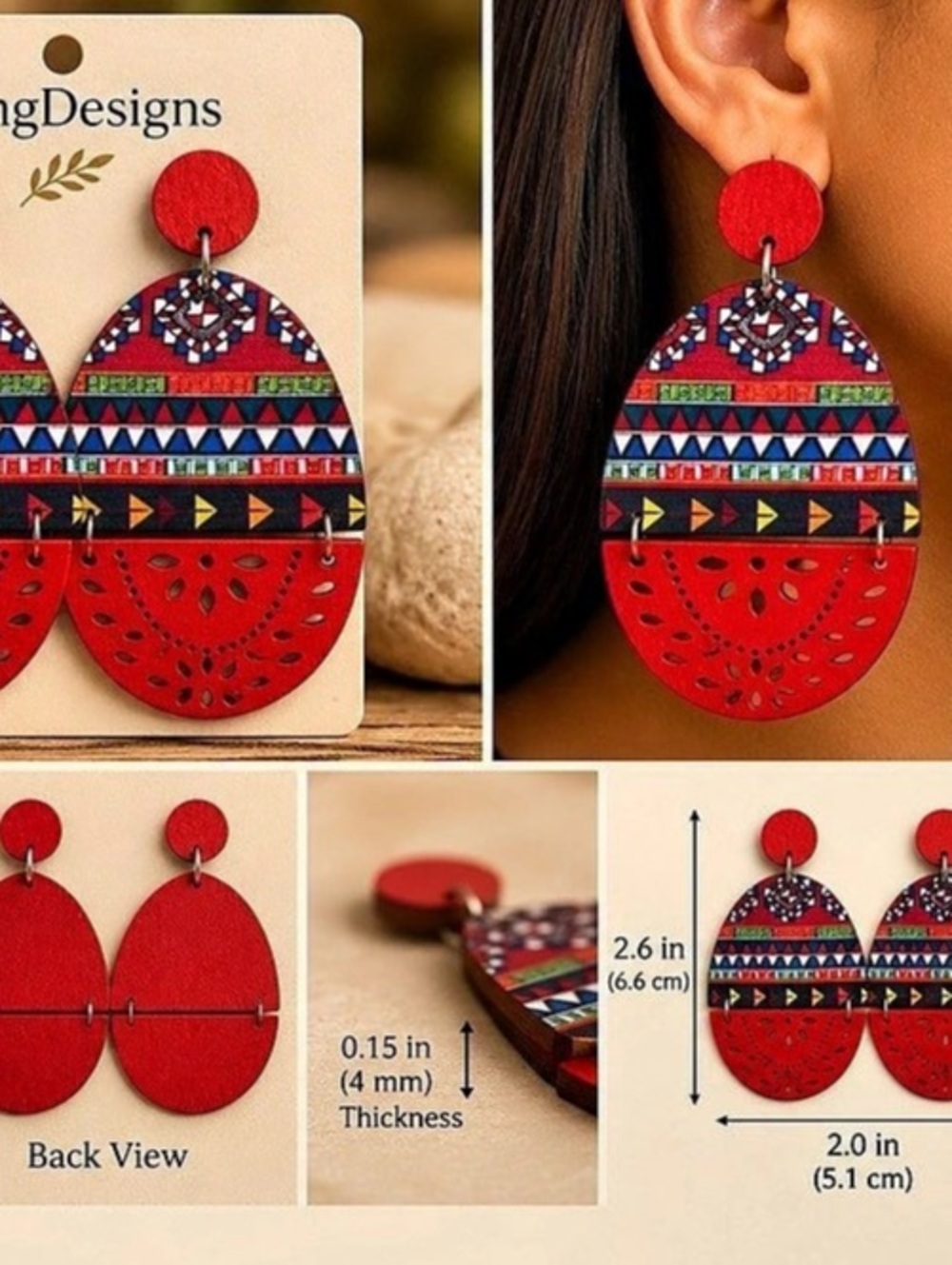 LaingDesigns Boho Christmas Geometric Wooden Statement Earrings Red & Multicolor